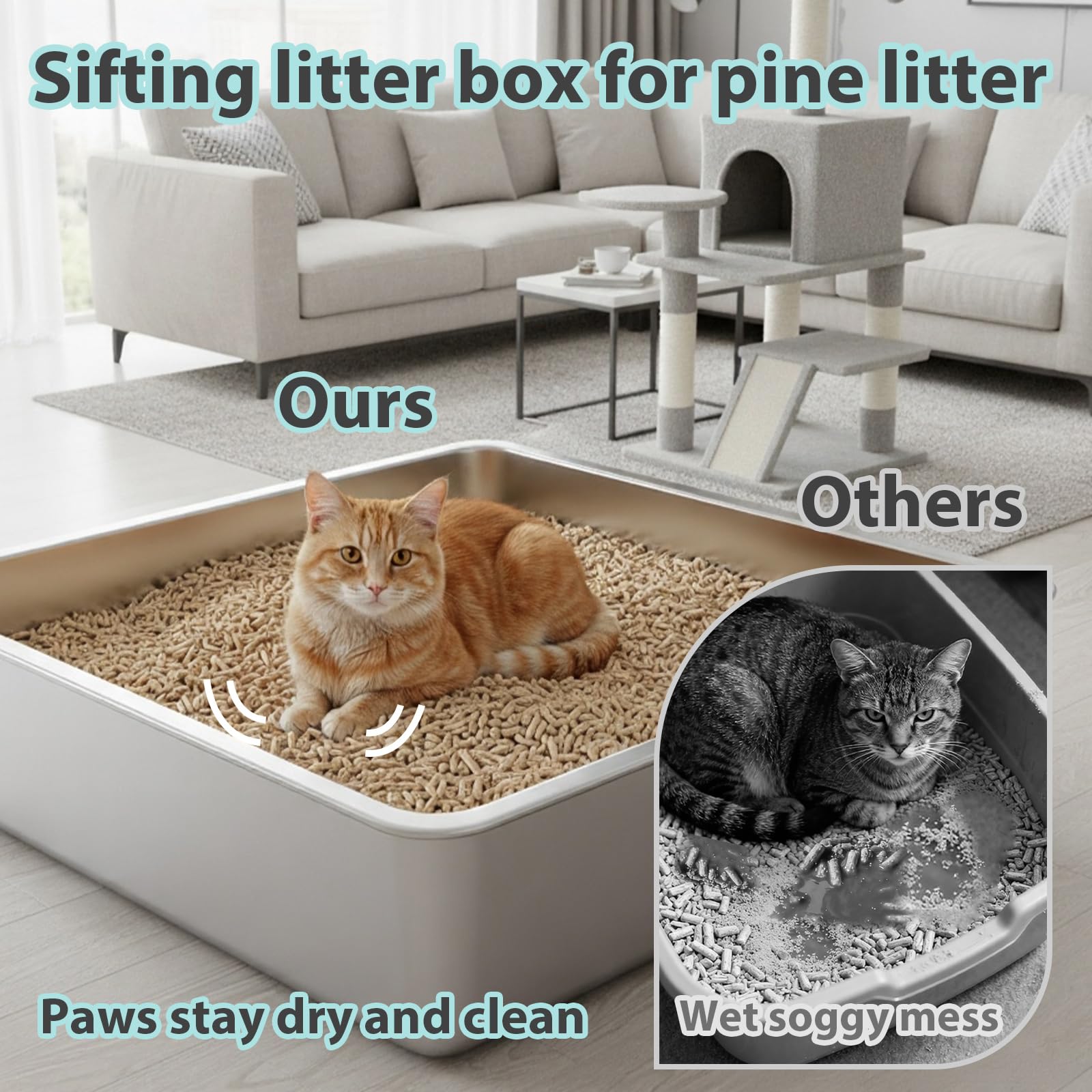 Stainless Steel Sifting Litter Box for Pine Pellets,Sifting Cat Litter Box for Wood Pellets,Extra Large Sifter Litter Pan System with Litte Liners and Scoop-20 ''Lx 13.8''W x 6''H - image 2