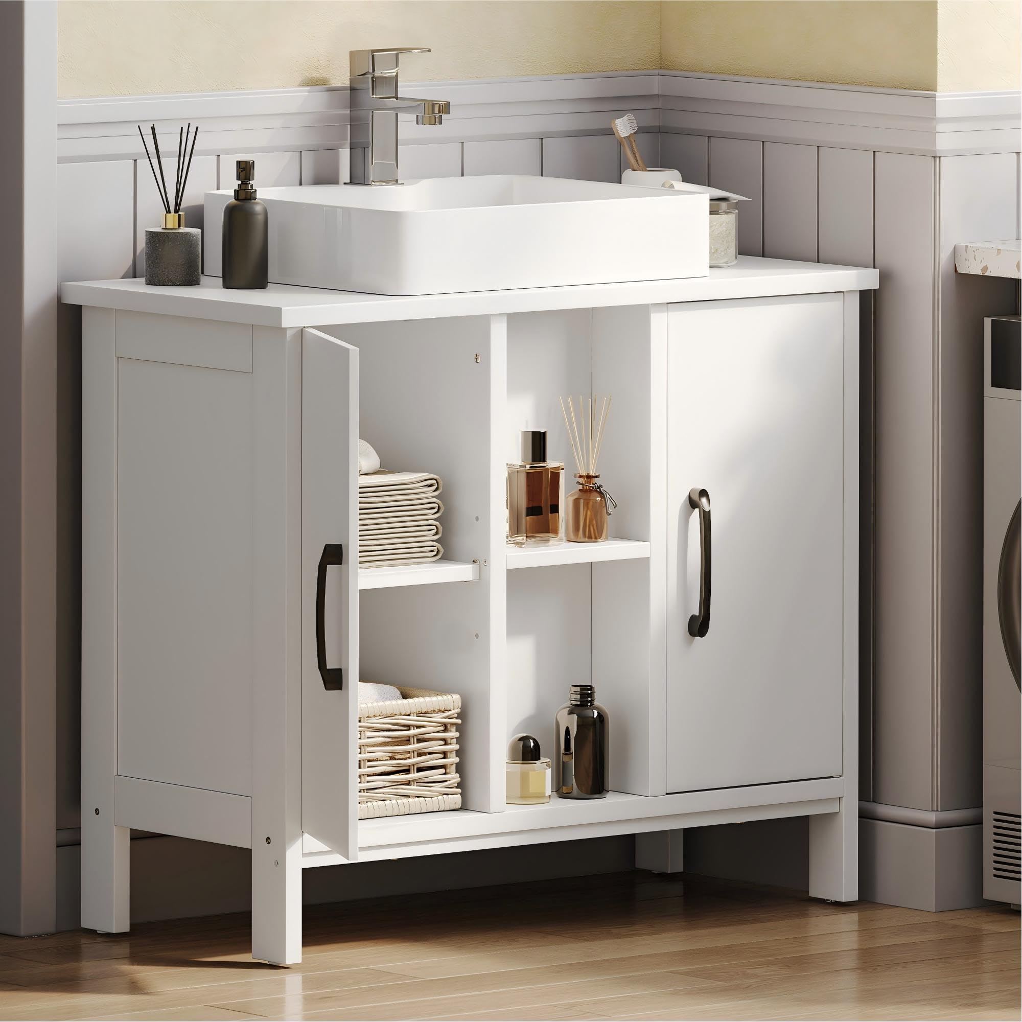 YITAHOME waschbeckenunterschrank mit Zwei geschlossene Schrankelemente, Bad unterschrank 70 cm breit, badezimmerschrank mit offenen Regalen, unterschrank waschbecken, Weiss