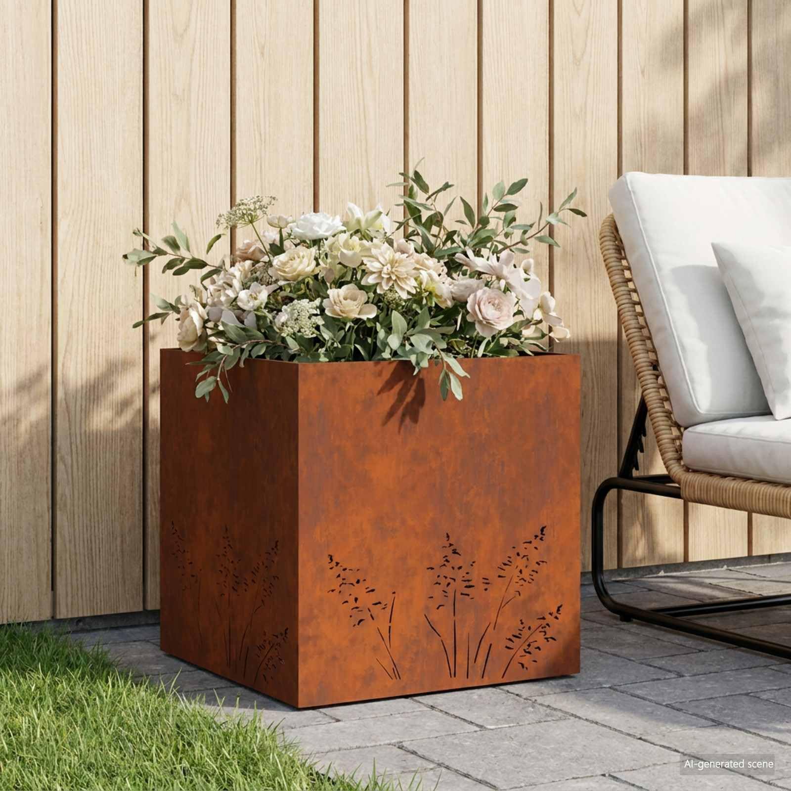 Macetero de jardín con aspecto oxidado, 50 x 50 x 49 cm, acero resistente a la intemperie para exteriores, moderna cama rectangular de jardín, resistente a la intemperie y a los rayos UV