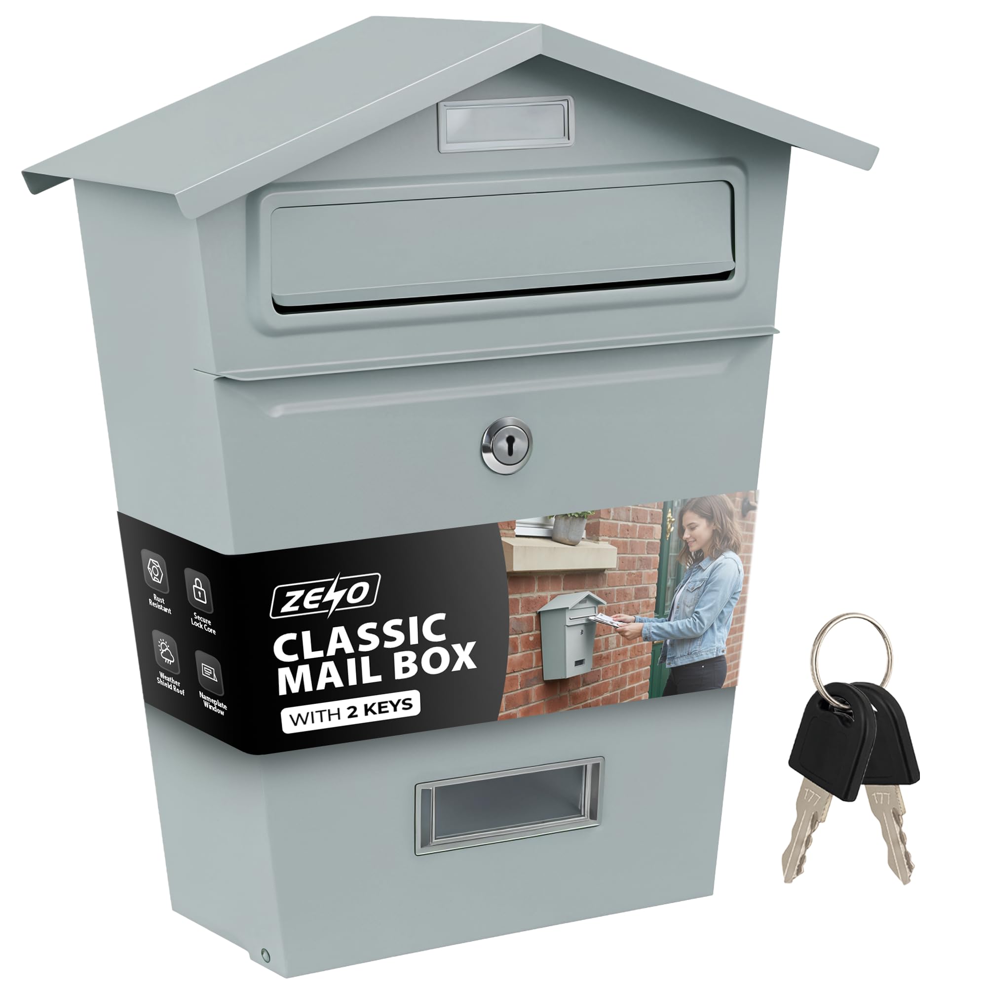 ZENO Post Box | Letter Box Wall Mounted Waterproof | Large Outdoor Mail Box for Home | Secure Postbox with Lock and Keys | Modern Letterbox with Nameplate Window | Heavy Duty Post Boxes | White