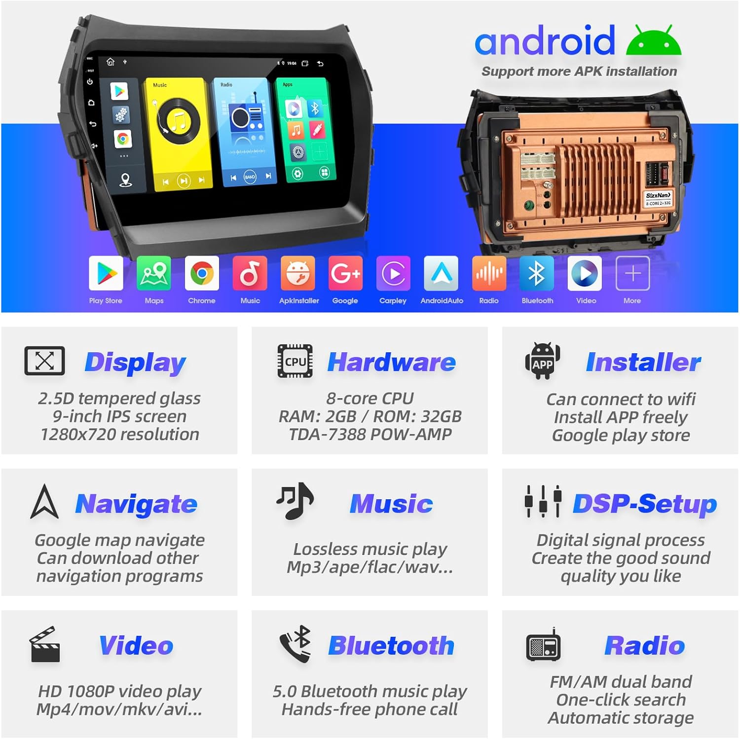 Android Radio Upgrade for Santa Fe 2013-2017 Touchscreen Compatible with Wireless Carplay Android Auto,Car Stereo Bluetooth Navigation Multimedia Player GPS WiFi FMAM Backup Camera Head Unit