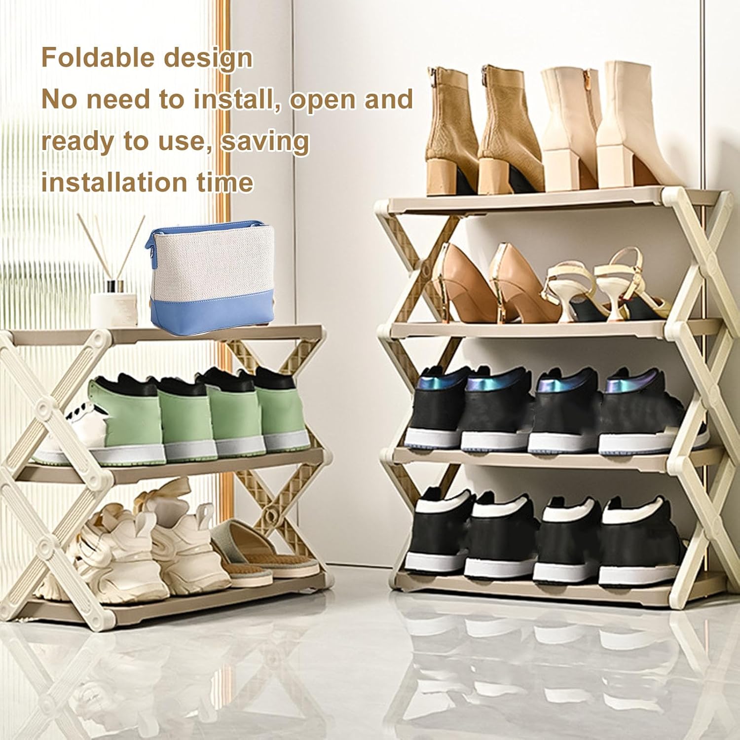 AUNMAS Foldable Shoe Rack, Shoe Storage Stand, Stable Shelf with Strong Load Bearing Capacity, Compact Size for Hallway or Stairwell, Multifunctional Shoes Organizer (3 Tier)