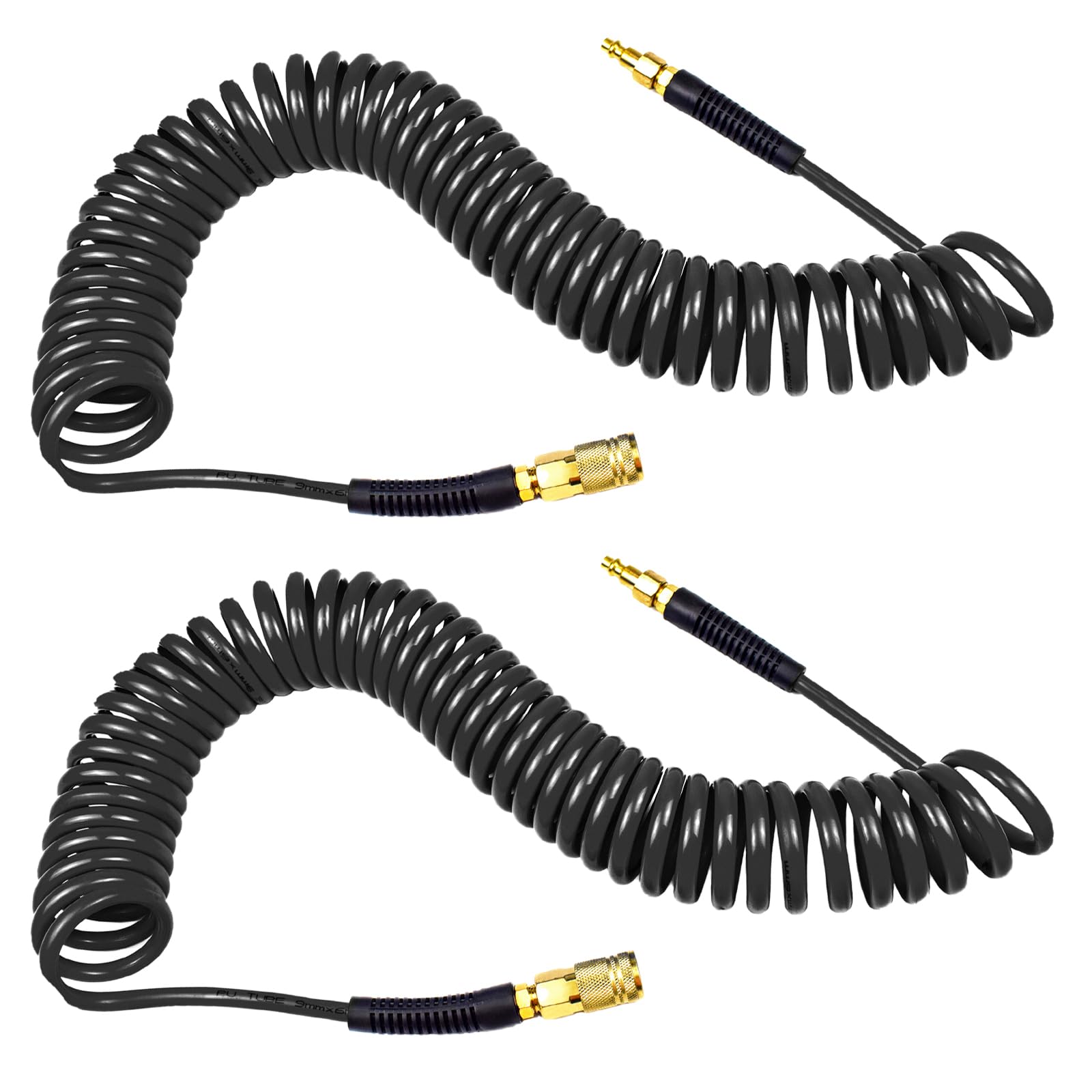 YOTOO Polyurethane Recoil Air Hose 1/4" Inner Diameter by 25' Long with Bend Restrictor, 1/4" Industrial Quick Coupler and Plug, Black. 2-Pack