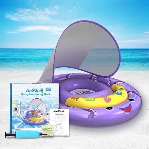 Miniatura 7 de Flotador de piscina para bebé con toldo de protección solar extraíble UPF50+, flotadores de natación para bebés de 6 a 24 meses, diseño doble extra