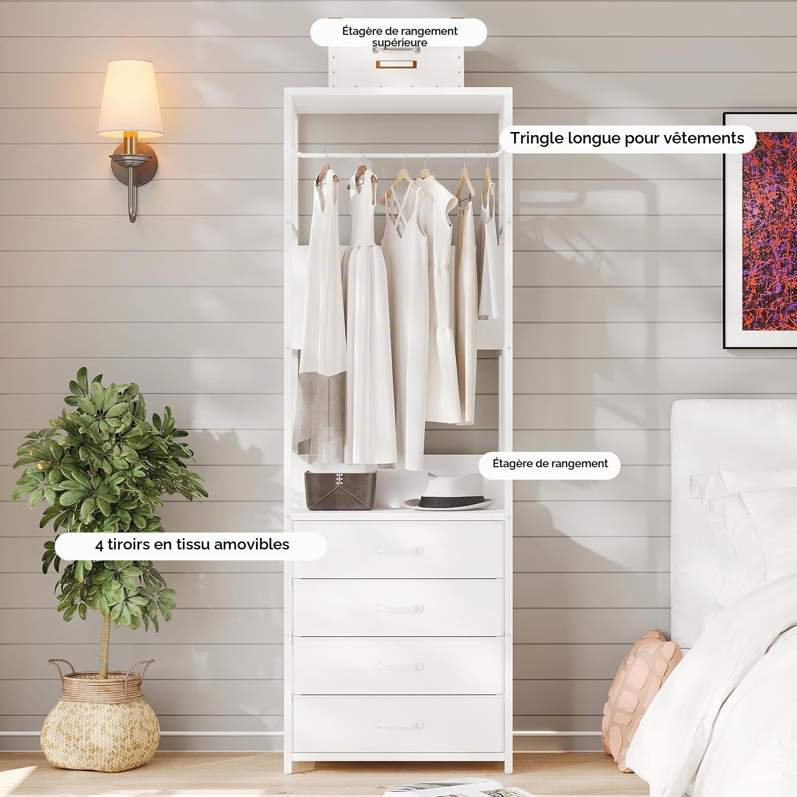 VOWNER Porte Manteau Meuble Entrée Vestiaire 4-en-1 Portant Vetement Blanc | Cadre en acier avec tiroirs, tringle et étagère, 60 x 40 x 180 cm pour couloir, chambre