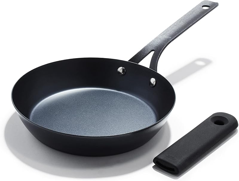 Obsidian Pre-Seasoned Carbon Steel, 8" Frying Pan Skillet with Removable Silicone Handle Holder, Induction, Oven Safe, 1.8 Liters, Black