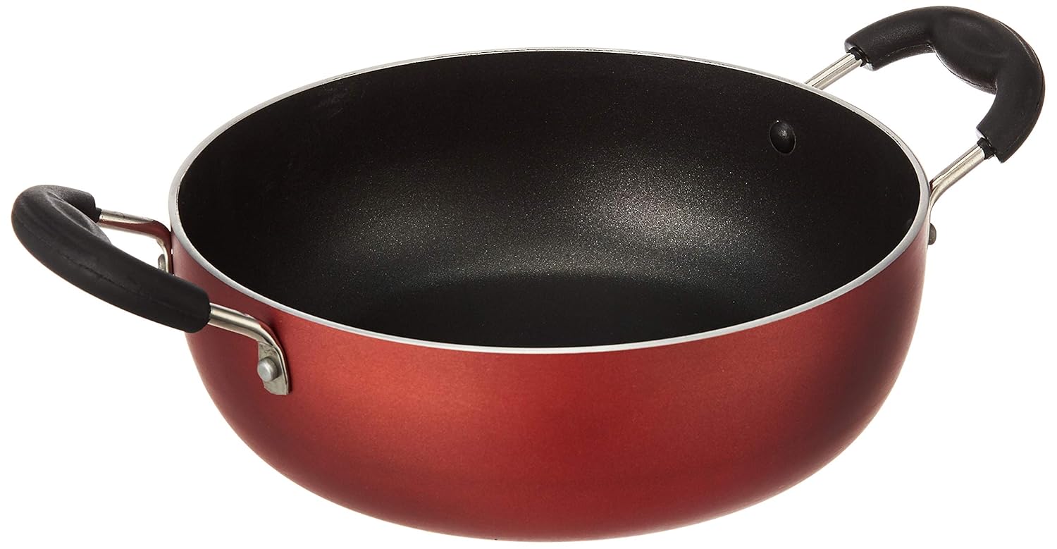 Amazon Brand – Solimo – Non-Stick Kadhai (22 Cm, Induction And Gas Stove Compatible, 3 Coat, 3 Mm Thickness) 2 -Way Non-Stick Coating | Black | Aluminium