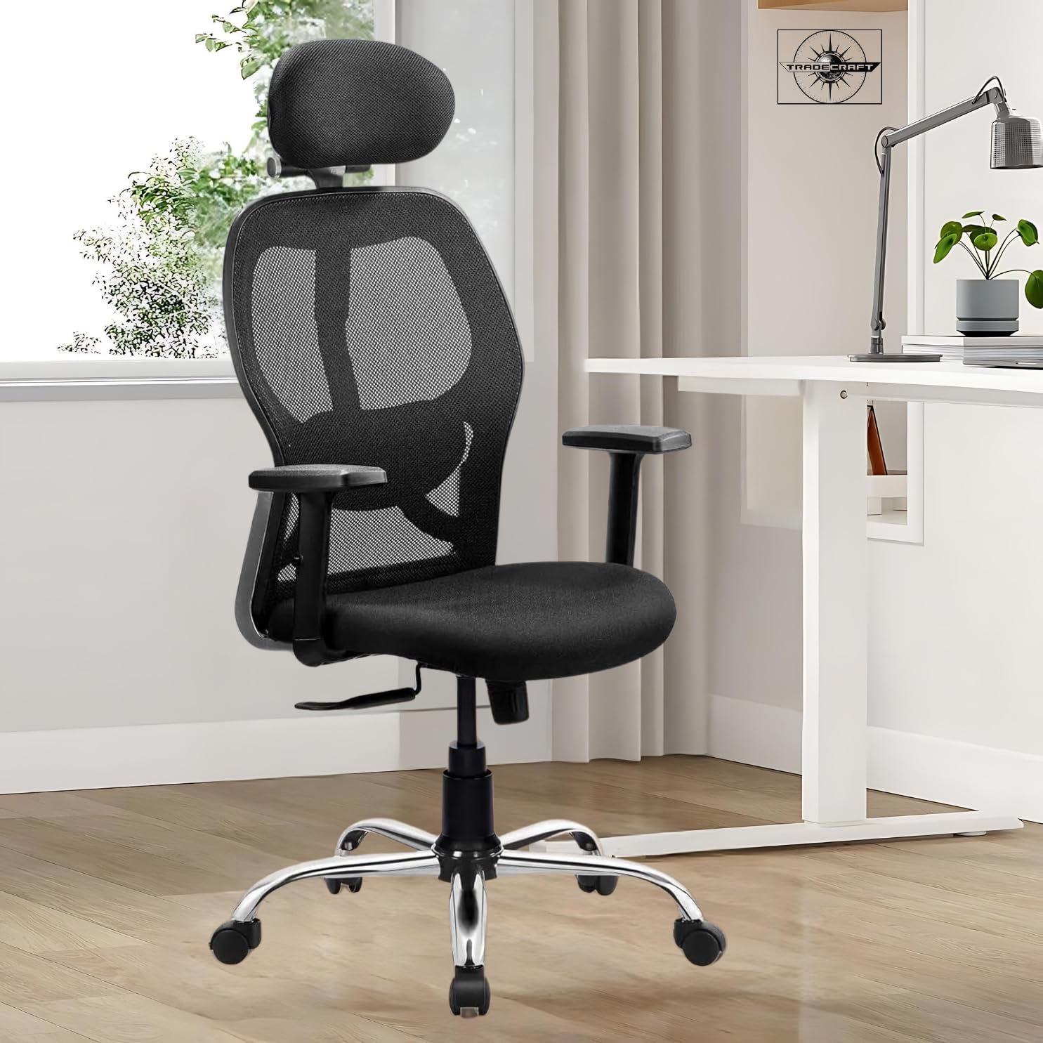 TRADE CRAFT High Back Mesh Ergonomic Office Chair for Work from Home with Adjustable Headrest Study with Adjustment Armrest & Height Heavy Duty Metal Base with Push Back Tilt Feature (Rustic)