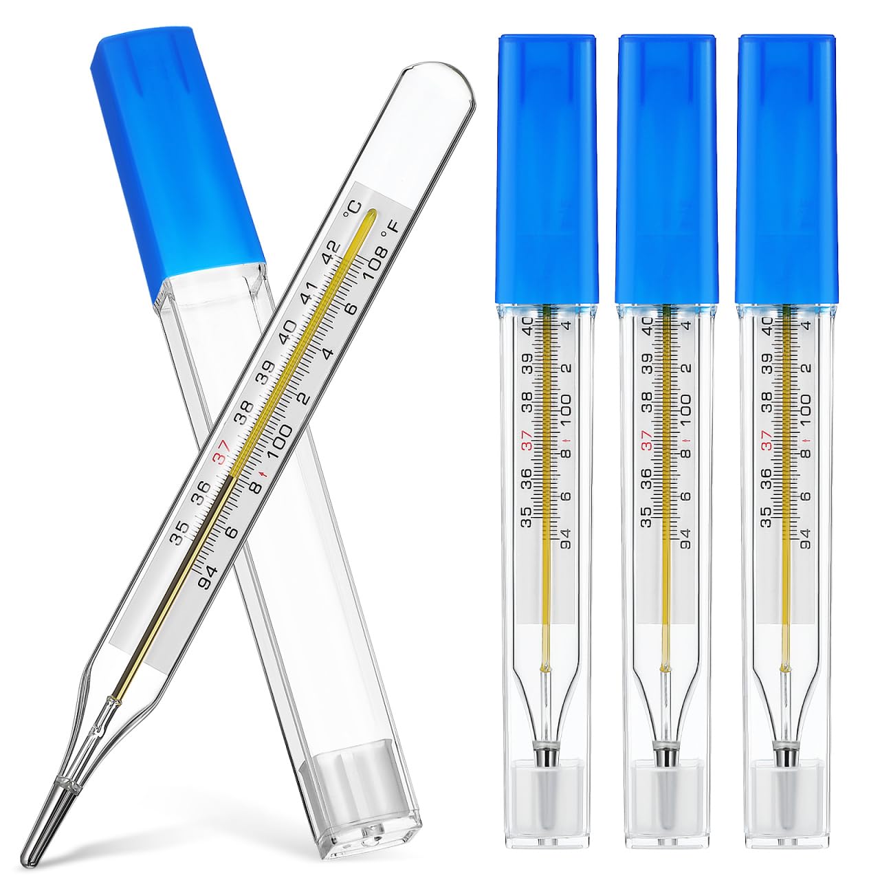 JOINPAYA Glass Oral & Axillary Thermometers 4-Pack: Old Fashioned Fever Thermometers for Adults, Kids, Elderly - ℃ & ℉ Scales