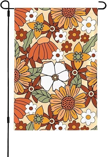 Bandera de jardín floral retro de los años 70 de 12 x 18 pulgadas, bandera decorativa de primavera, pequeña, vertical, de doble cara, decoración de