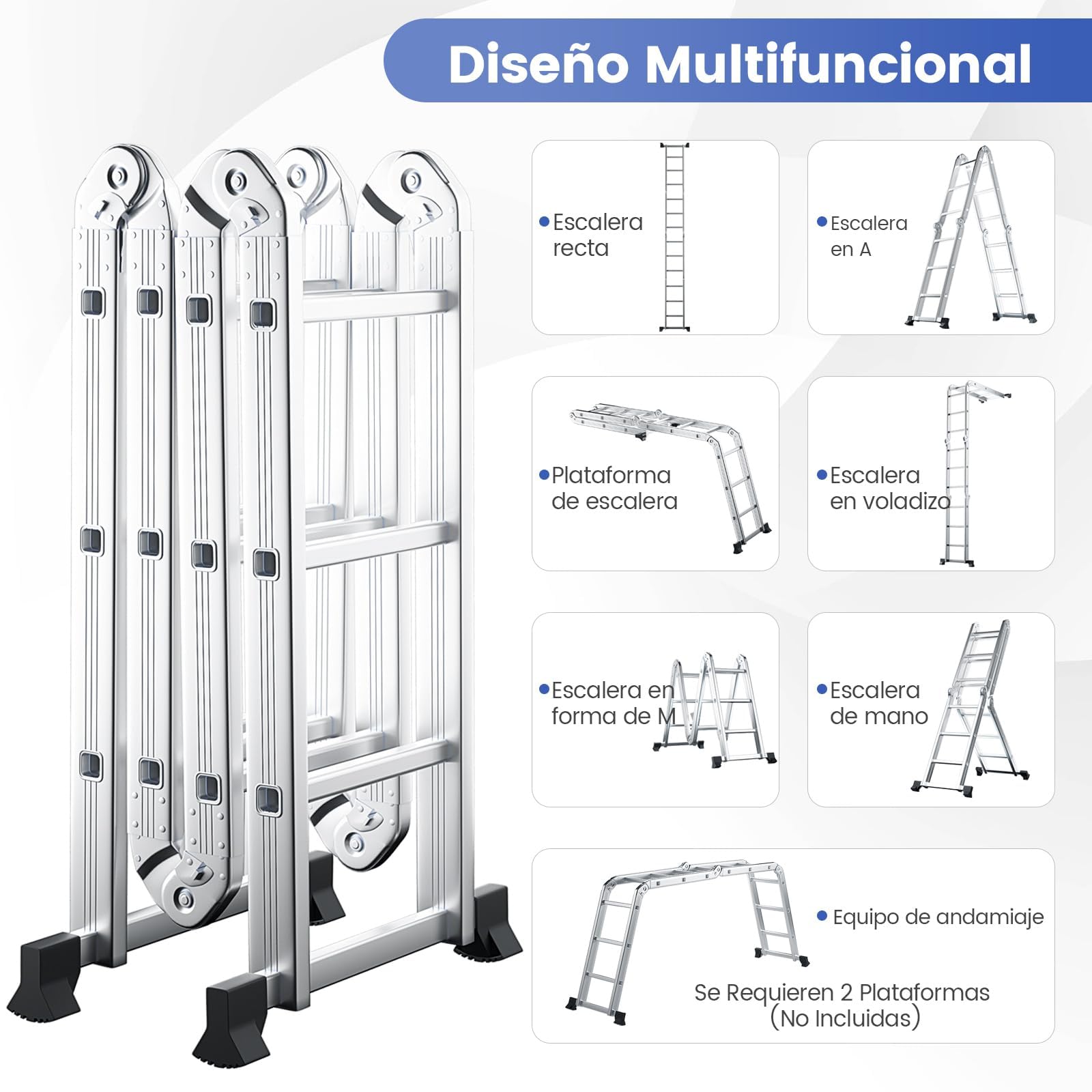 COSTWAY Escalera Plegable Multiuso Resistente, Escalera Extensible con Estructura en Alúmina Ligera y Fácil de Almacenar, Escalera para Uso con Peldaños Cuadrados,Largo: 370 cm