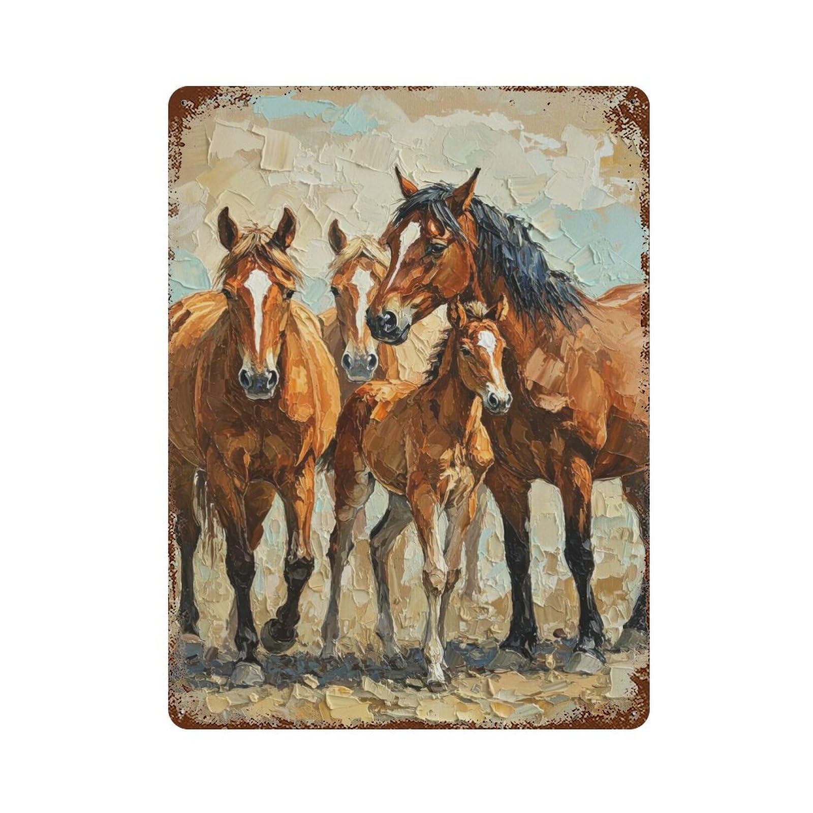 Horses Painting Family Portrait 15.7"x11.8" Rust Effect Tin Sign, Industrial Home Decor for Living Room, Hallway And Home Decor