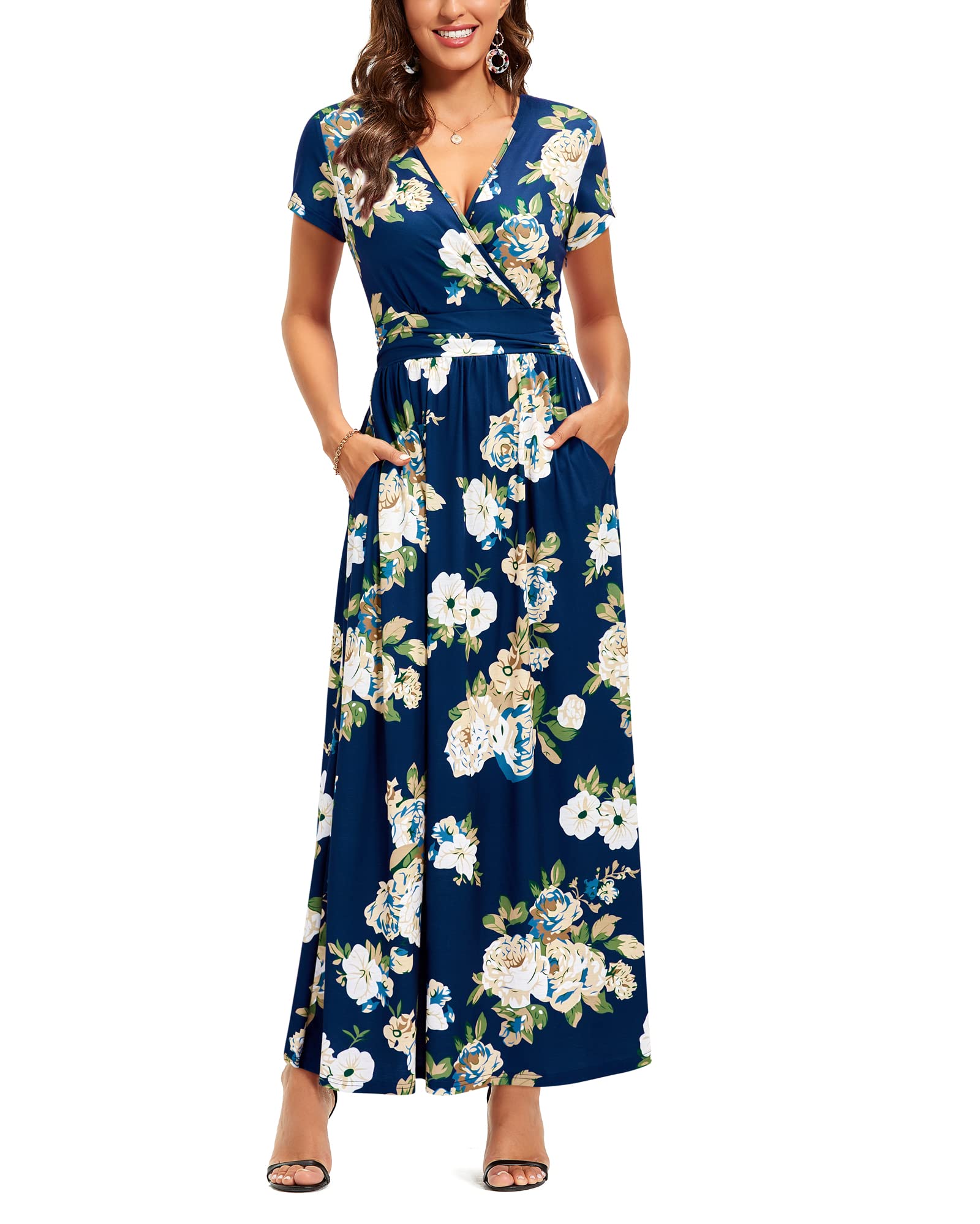 OUGES Womens' V-Neck Pattern Pocket Maxi Long Dress