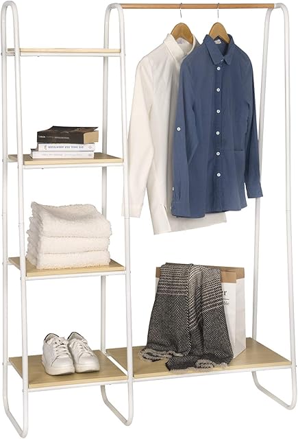 EUGAD Heavy Duty Clothes Rail Metal Coat Stands with Shoe Rack Storage Cabinet Wardrobe 4 Tiers Ladder Bookshelf Shelving Unit White Wood