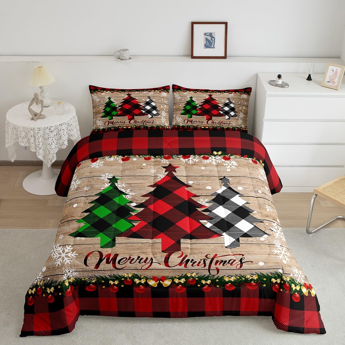 Manfei Plaid Tree Comforter Set Full Size, Wooden Stripe Print Bedding Set 3pcs for Kids Boys Girls Bedroom Decor, Christmas Theme New Year Quilt Set with 2 Pillowcases