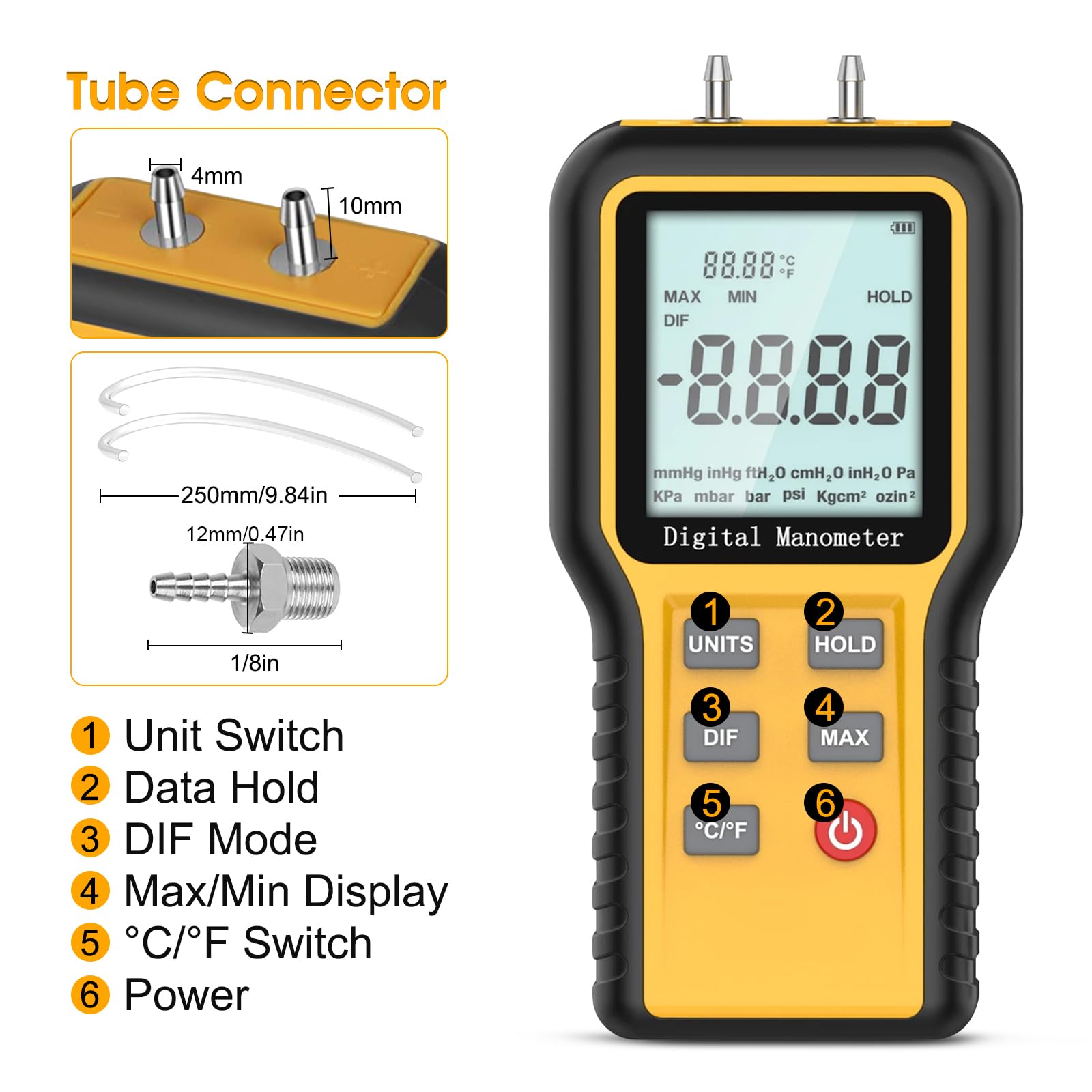 Differenzdruckmessgerät, Digital Manometer Manometer Tester HVAC, ±2.999psi Gasdrucktester, ±20.68kPa Luftdruckmessgerät mit LCD-Hintergrundbeleuchtung, 12 optionale Einheiten Differenzdruckmanometer