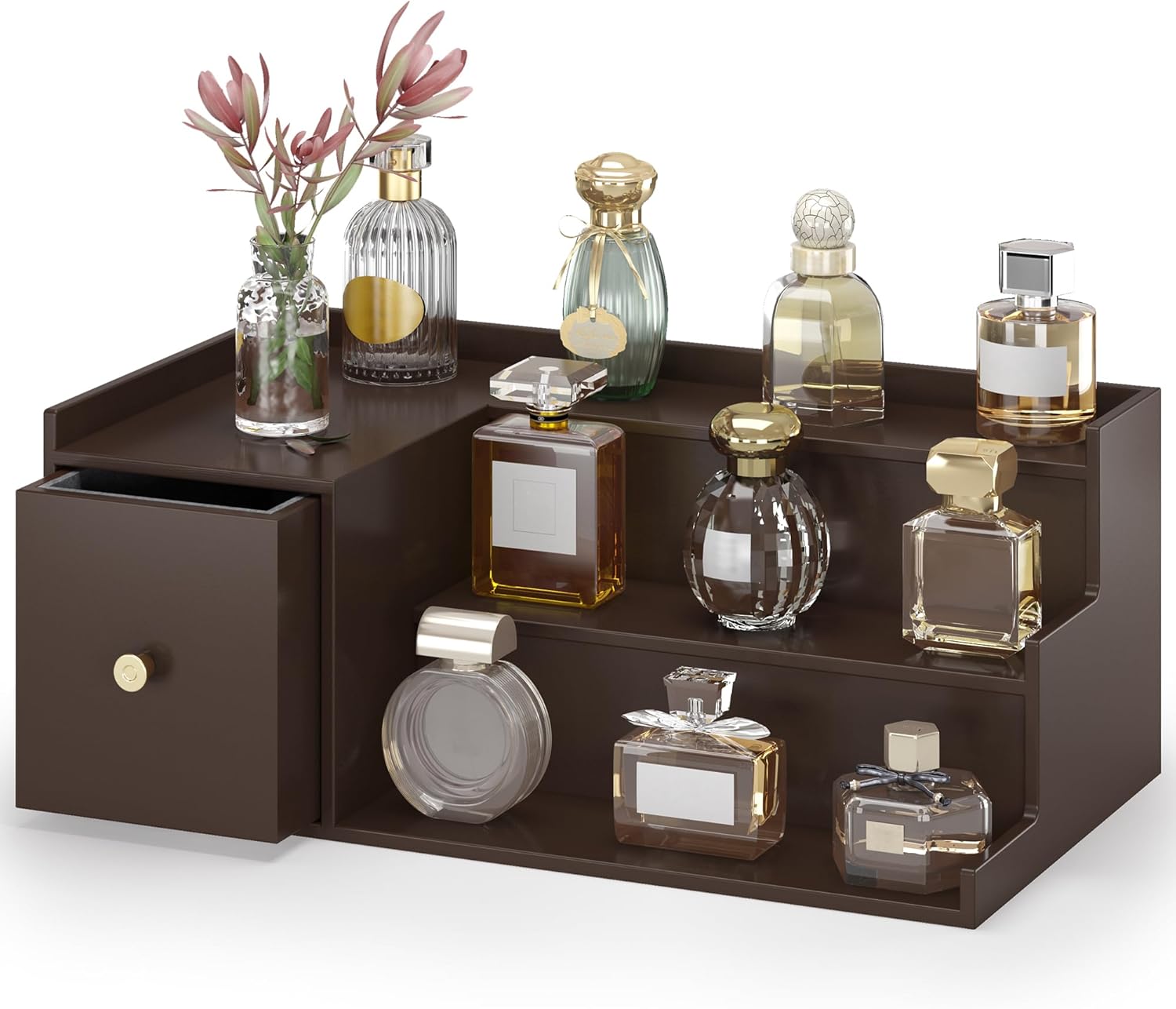 Cologne Organizer for Men, Bamboo 3 Tier Display Riser Stand with Drawer Wood Perfume Organizer Stand Holder Spice Shelf Rack Tabletop Skincare, Great Gift for Man