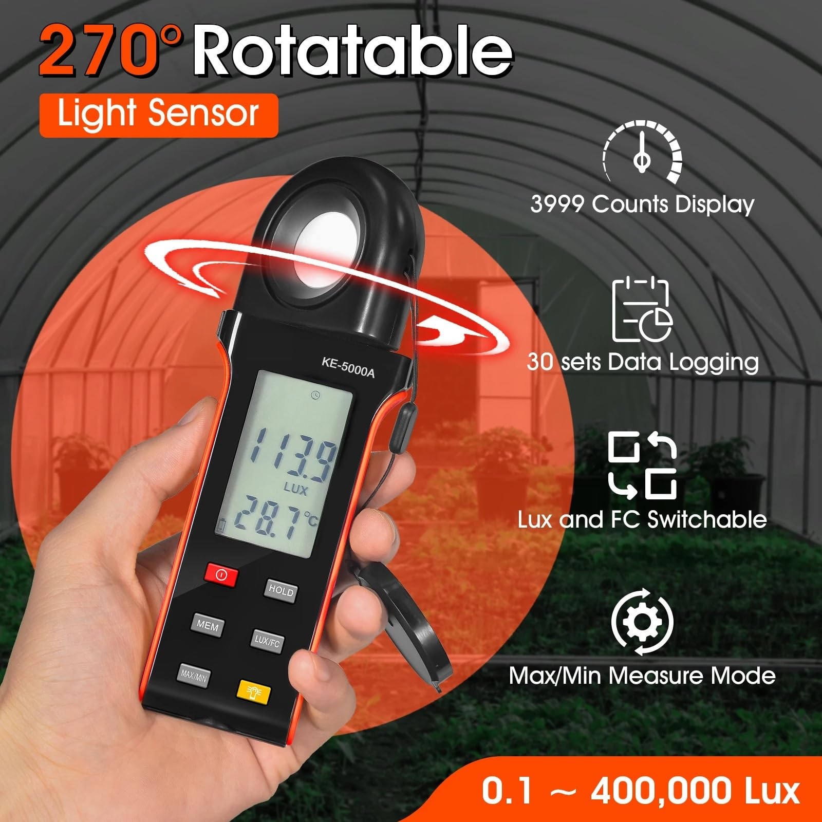 Digitaler Beleuchtungsstärke-Lichtmesser, 400.000 Lux/FC Beleuchtungsstärke-Tester mit 270° drehbarem Sensor, Datenprotokollierung, for Zimmerpflanzen Innenarchitektur