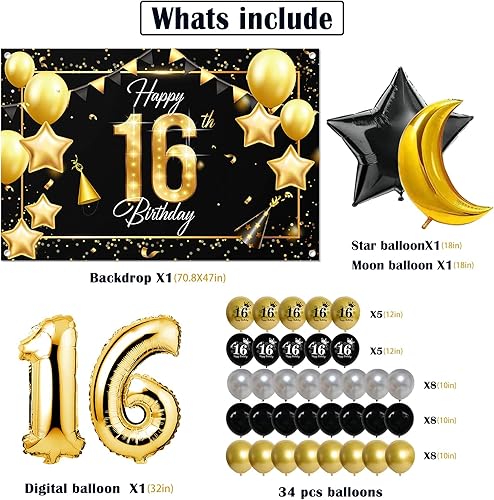 Miniatura 2 de Kit de guirnalda de arco de globos con texto en inglés Happy 16th Birthday en negro y dorado Decoración temática de fiesta de cumpleaños de 16 años