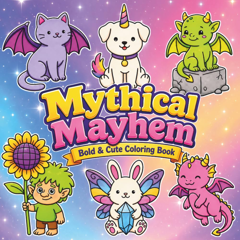 Mythical Mayhem: Bold & Cute Coloring Book: 35 Easy and Adorable Fantasy Coloring Pages Featuring Dragons, Unicorns, Fairies, Goblins, Gnomes and Magical Creatures for Kids, Teens & Adults