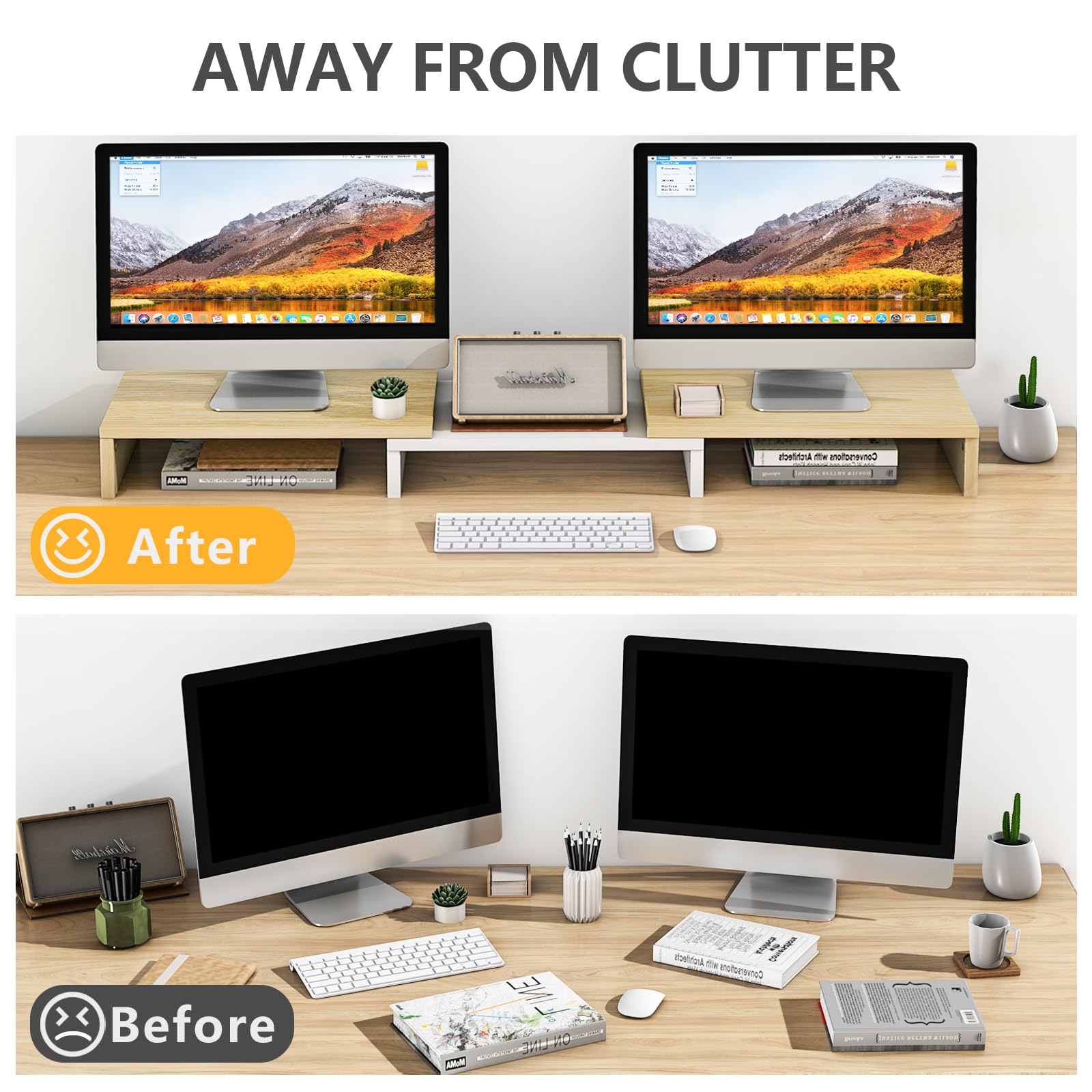 TAVR Dual Monitor Stand Riser, Computer Monitor Stands for 2 Monitors, Extra Long Multifunctional Desktop Organizer Riser for Computer, Laptop, PC, Printer, TV, Max 48.2" Length, Oak