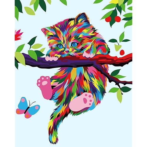 Paint by Numbers for Kids & Beginner, DIY Canvas Painting Gift Kits - Colorful Cats and Butterflies 16 x 20 inch (Without Framed)