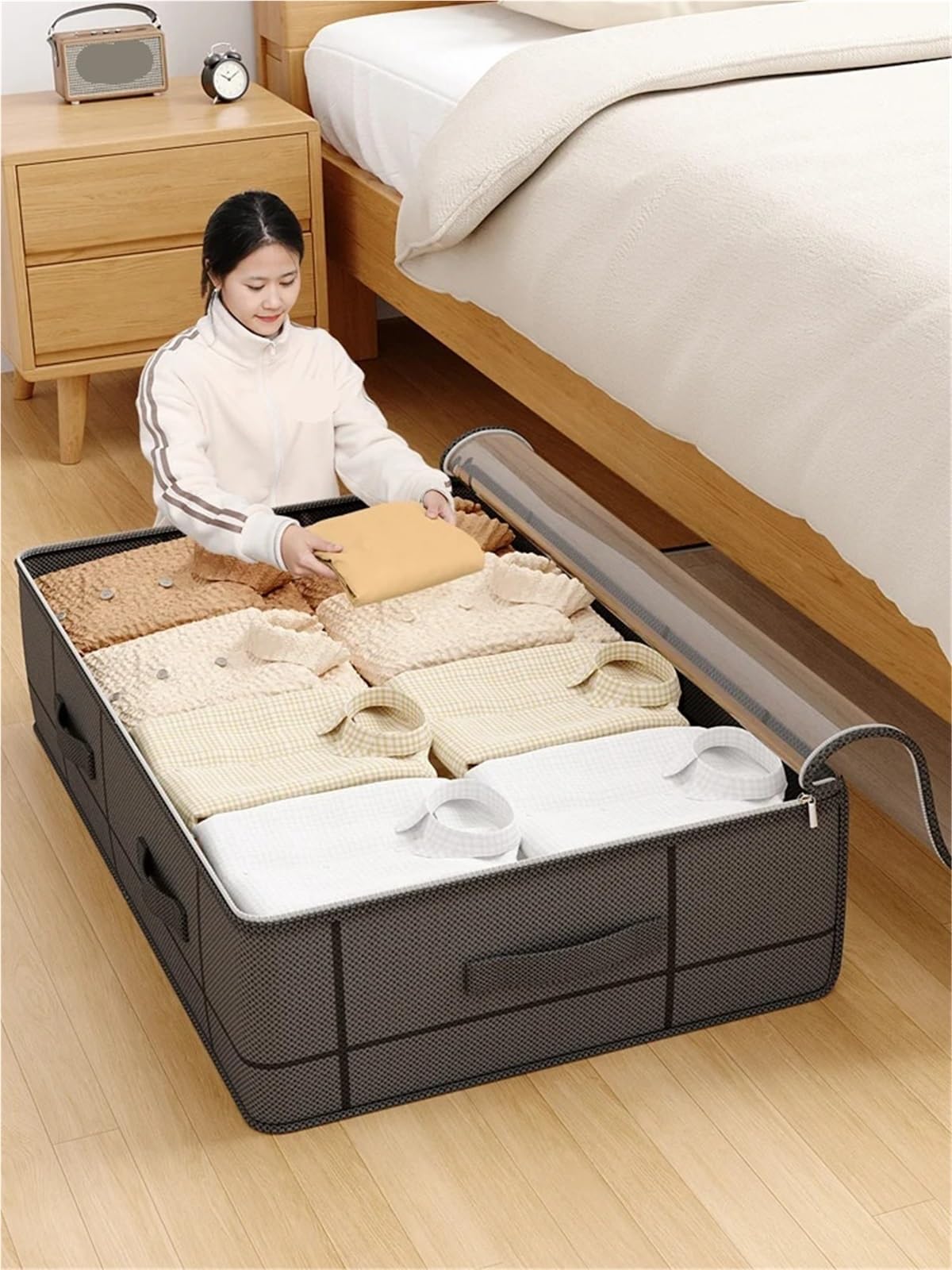 Organizador de sábanas Bolsa de almacenamiento debajo la cama alta resistencia, caja plegable con ventana transparente grande, adecuada for armarios, ropa for dormitorio(M 60x44x20 cm,2pcs)
