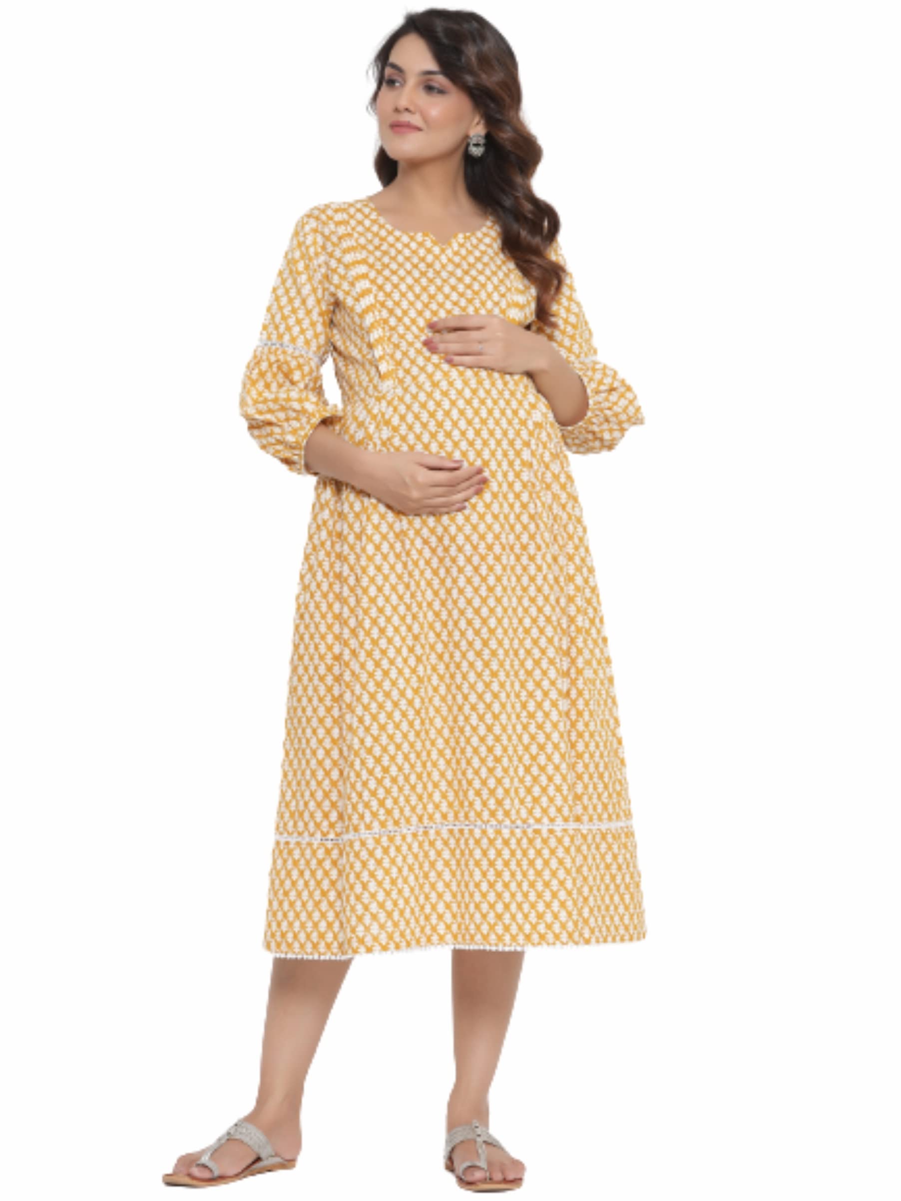 ikk kudi by seerat Women's Cotton Boota Print Maternity Midi Dress/Easy Breast Feeding/Breastfeeding Dress/Western Dress with Zippers for Nursing Pre and Post Pregnancy | Color- Yellow-picture-16