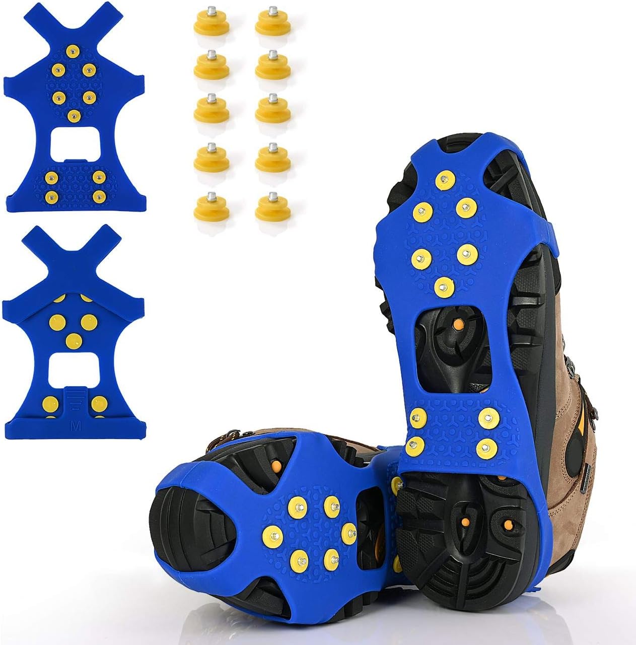 Ice Cleats, Ice Grips Traction Cleats Grippers Non-Slip Over Shoe/Boot Rubber Spikes Crampons with 10 Steel Studs Crampons + 10 Extra Replacement Studs