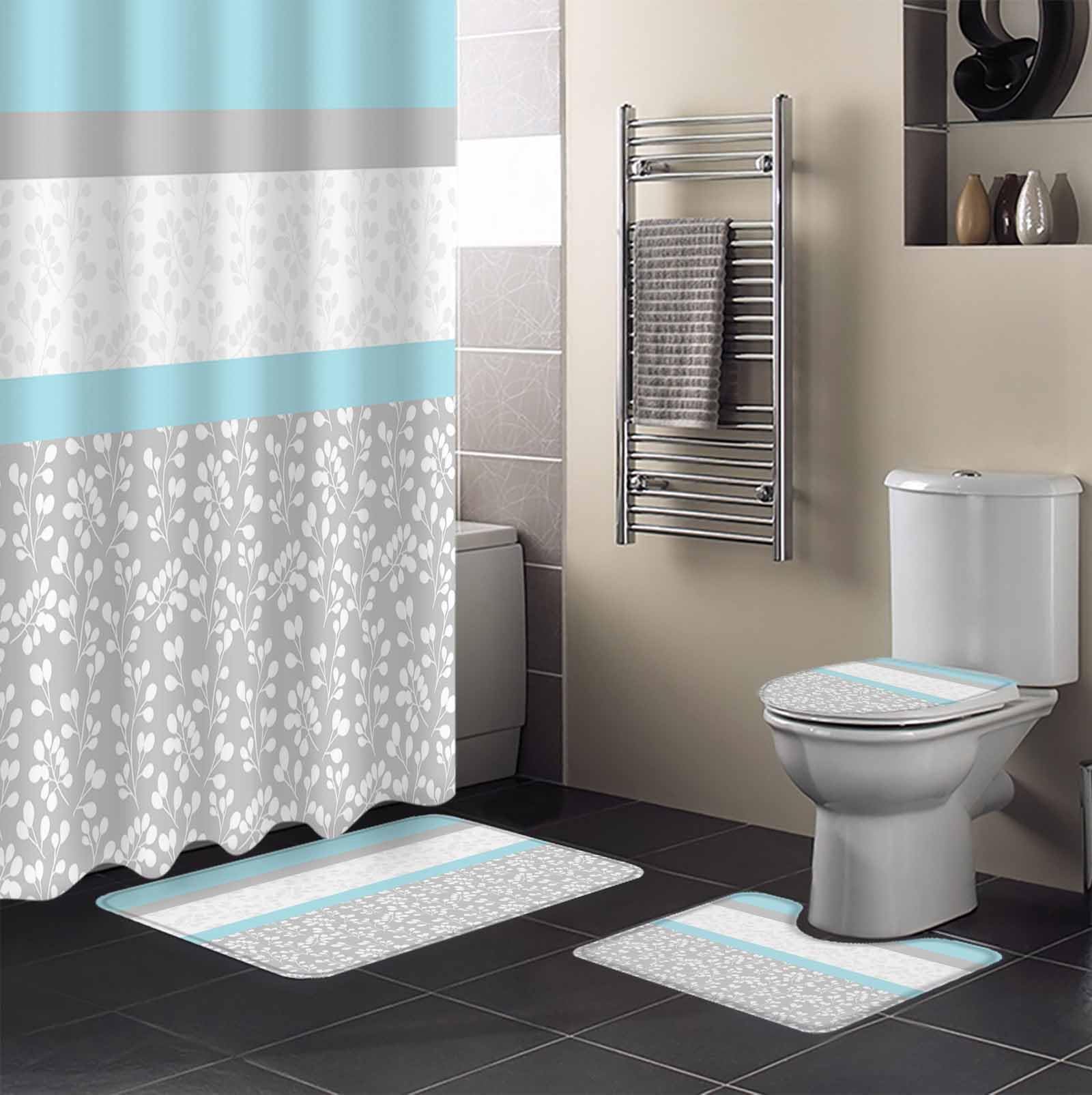 Sky Blue Grey Bathroom Set with Shower Curtain and Rug Accessories - 36x72 Inches Long Chic Garden Floral Stripe Embroidery Design Stall Curtain Waterproof with Large Bath Mat,Washable Runner Rug Set