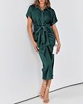 BTFBM Femmes Bouton Down Robes de chemise ruche Satin manches courtes Lapel V Col d'été Maxi Robe 2026 Fêtes Invité de mariage