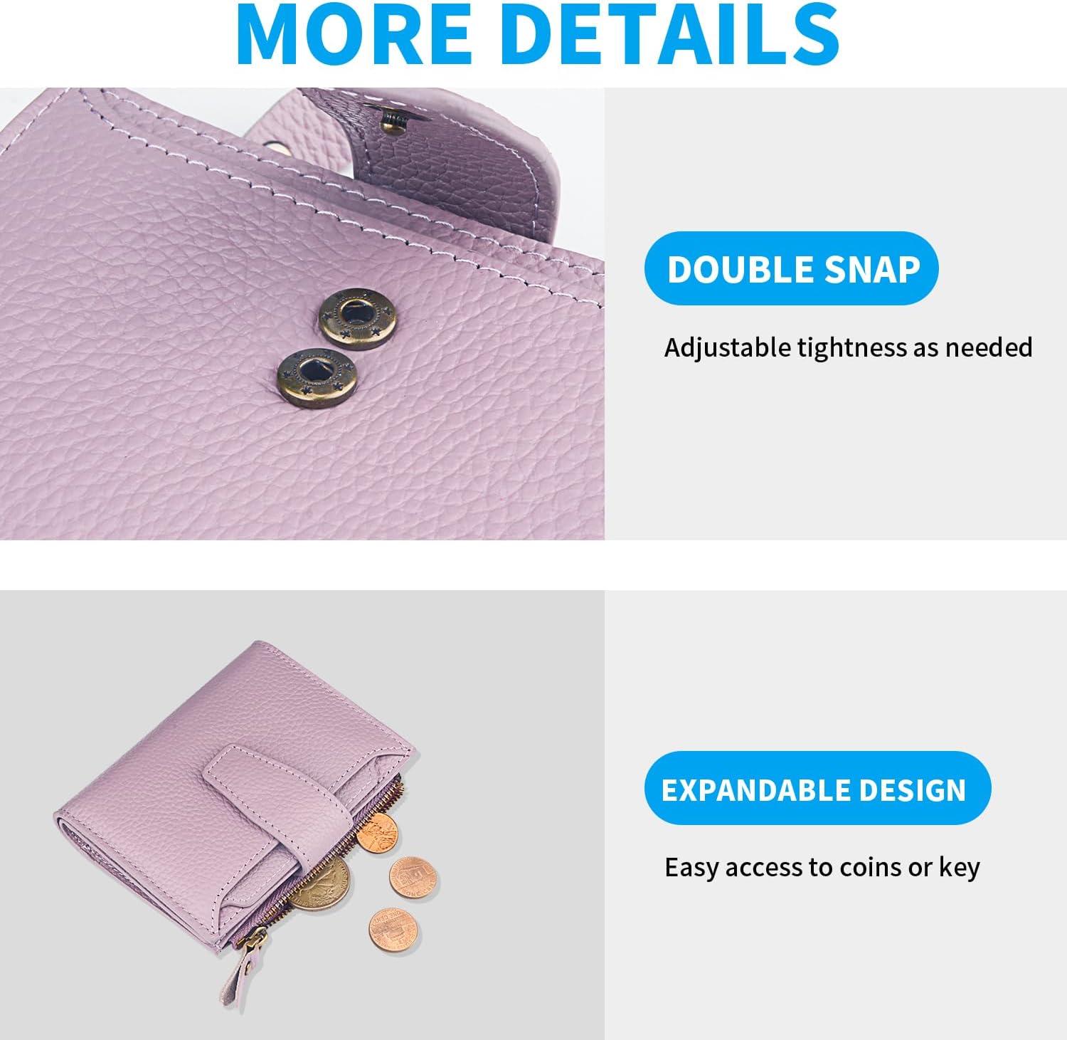 FT FUNTOR Small Wallet for Women Genuine Leather Bifold Compact RFID Blocking Zipper Pocket Ladies Credit Card Slots Purse with ID Window (Lychee Light Purple) - Image 5