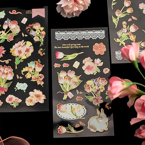 RIVEENY Juego de calcomanías holográficas de flores vintage para diario calcomanías para diario de álbumes de recortes suministros de álbumes de