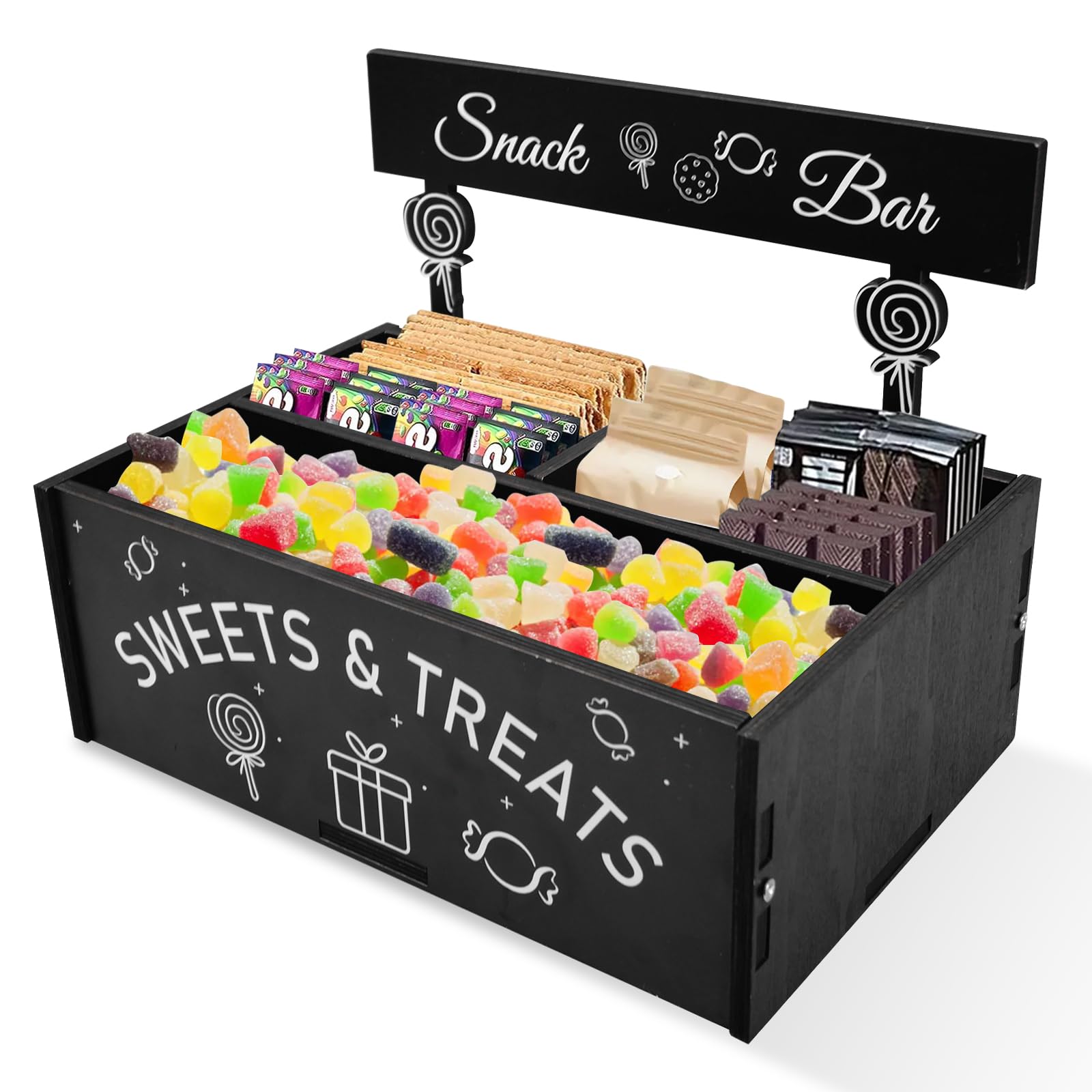 Kuabiz Snack Organizer for Countertop Wooden Snack Bar Container 4 Compartment Food Storage Bins Basket Snacks Bar Station for Chips Candy Pantry