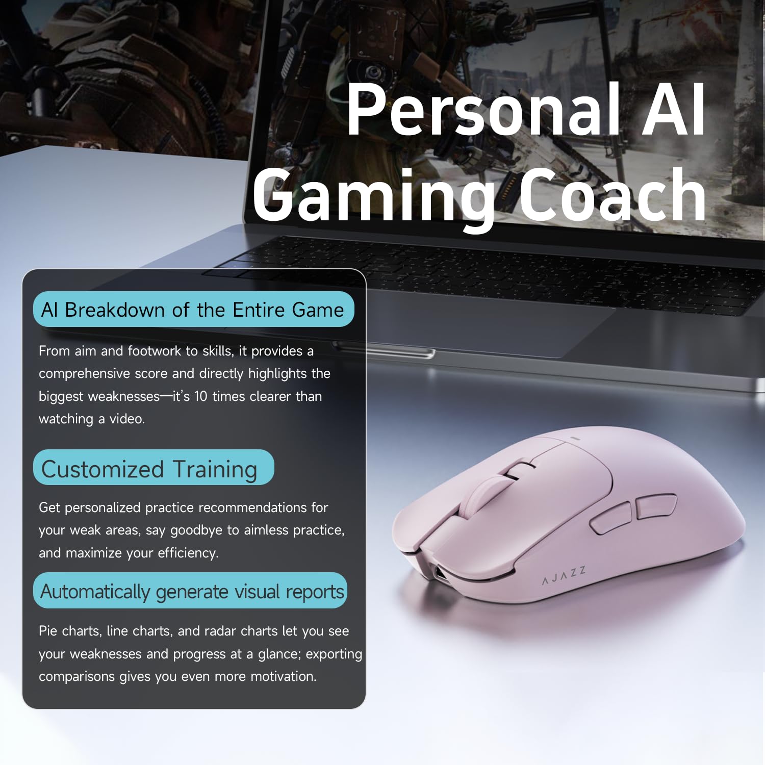 A.JAZZ AJ200P AI MASTER Wireless Gaming Mouse with Magnetic Charging Dock, PAW3955 Sensor, Up to 80000 DPI, NearLink BS2826 IC, Dual 8000Hz, AI-Powered Voice Control, AI Game Coach, for PC/MAC, Pink