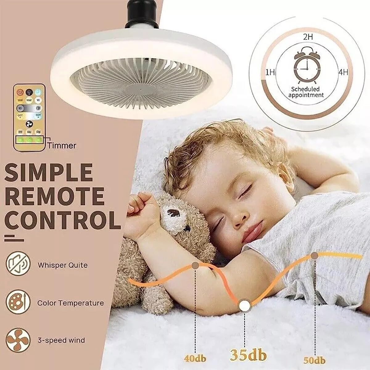 ALLPRESS Ventilatore da Soffitto con Luce LED, Attacco E27, Materiale ABS, Regolabile, Design 2 in 1, con Telecomando, per Casa e Ufficio AS-01579