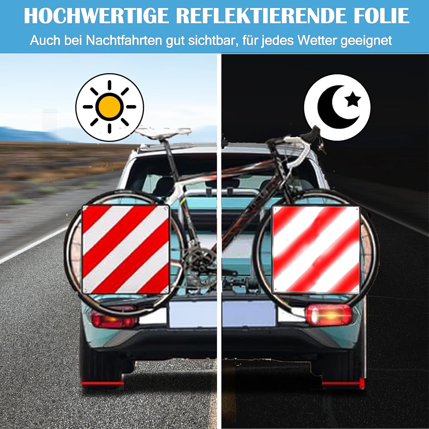 Warntafel für Italien Spanien und Portugal Fahrradträger,3 In 1 Alu Reflektierend Warnschild(50 x 50 cm) mit 4X Spannseile,Zertifizierte für Fahrradträger Heckträger & Auto Wohnmobil
