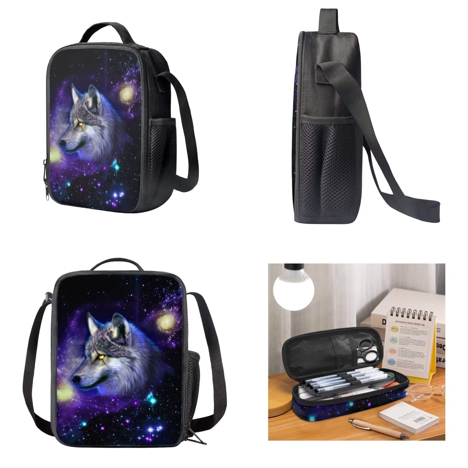 Dolyues Juego de bolsas escolares para niñas y niños, bolsa de libros de escuela primaria con bolsa de almuerzo y estuche para lápices, 3 piezas, Lobo Galaxia Púrpura, Mochila infantil