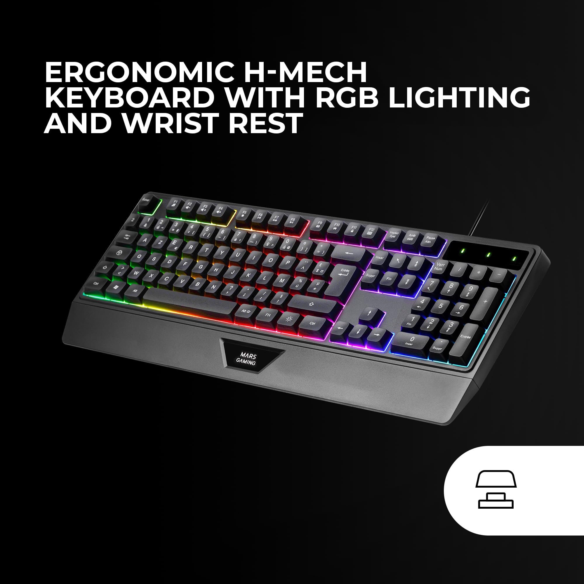 Mars Gaming MCP124PRO, Espagnol, Combo Gaming 4en1, Clavier RGB H-Mech avec Repose-Poignets, Souris RGB 3200DPI et Switches HUANO, Casque FRGB, Tapis Nanotextile 36x26cm, Multiplateforme, Noir