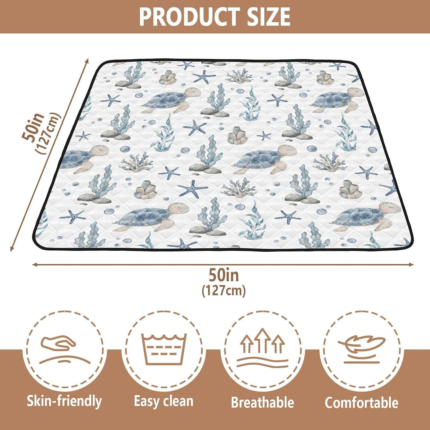 Baby Play Mat Sea Turtle Seashell Starfish 50" X 50" Play Gym Crawling Mat Soft Non-Slip Portable Picnic Floor Mat for Infant, Babies, Toddler, Kids