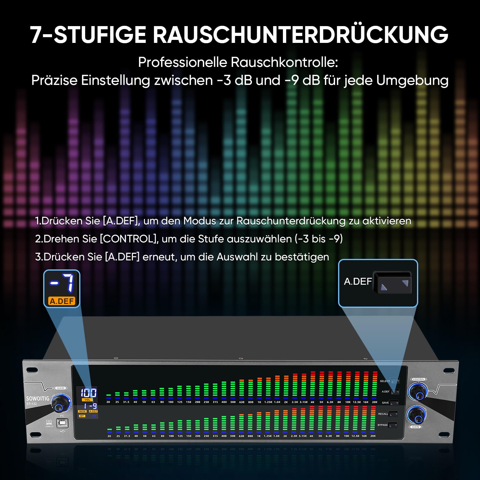 Ecualizador 2U para sistemas de audio estéreo domésticos, ecualizador gráfico profesional de 31 bandas en diseño de montaje en rack, ecualizador de estudio digital con pantalla de analizador