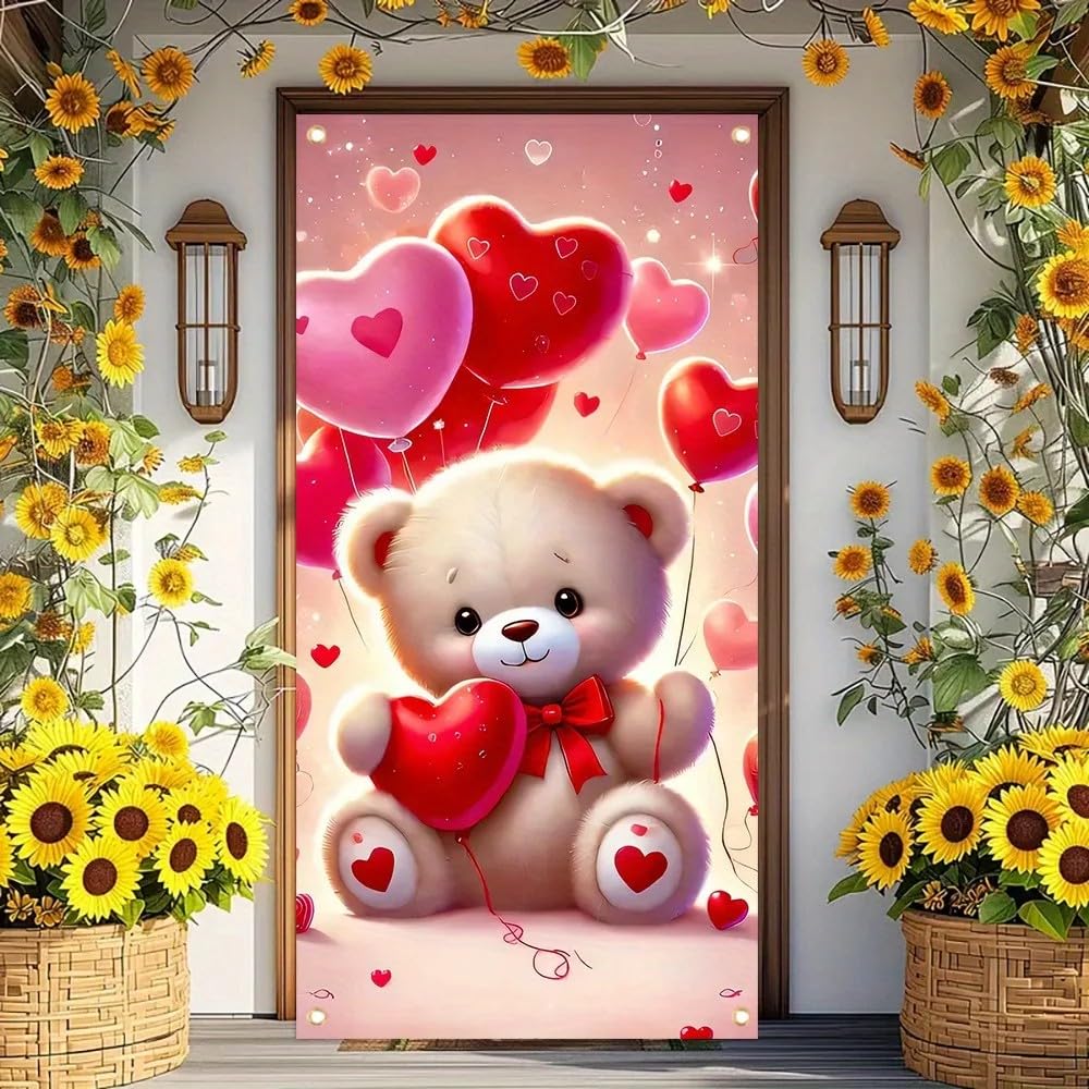 Płaski baner 2D, baner walentynkowy – winyl, śliczny balon w kształcie serca, czerwona wstążka, dekoracja imprezowa 440 x 300 cm
