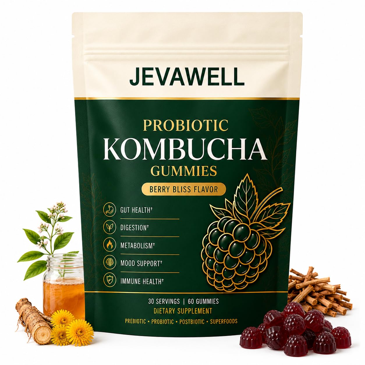 Probiotic Kombucha Gummies - Prebiotics + Probiotics + Postbiotics | Contains MCT Oil, Elm bark, Dandelion Root, and Fiber | Promotes Gut Health | 60 Capsules (1pc)