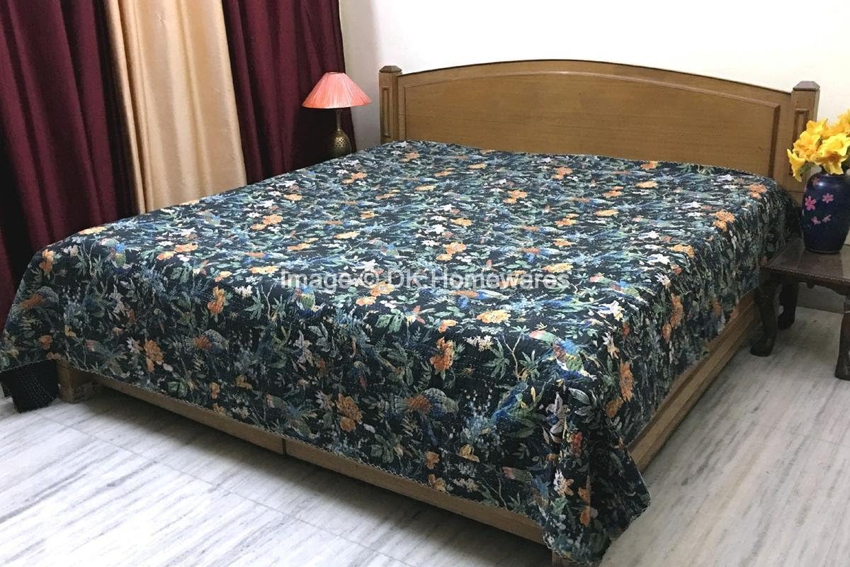 Indian Bohemian Black Queen Size Kanta Quilt Cristmas Gift Cotton Kantha Work Bird Printed Hand Crafted (108 x 90) -Set of 1 Coverlet Bedspread