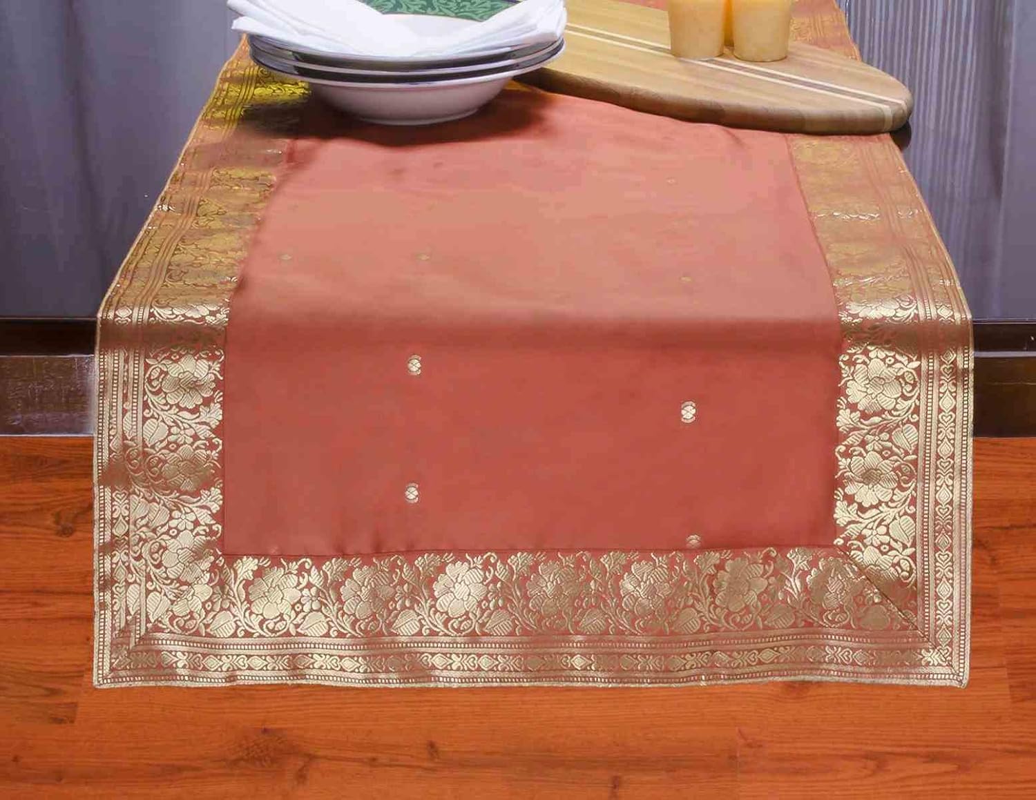 Warm Rust Handmade Indian Design Table Runner for Wedding Receptions, Party Decorations & Decor for Every Occasion | Silk Sari Fabric Tablerunner with Golden Borders - 14x84 Inches
