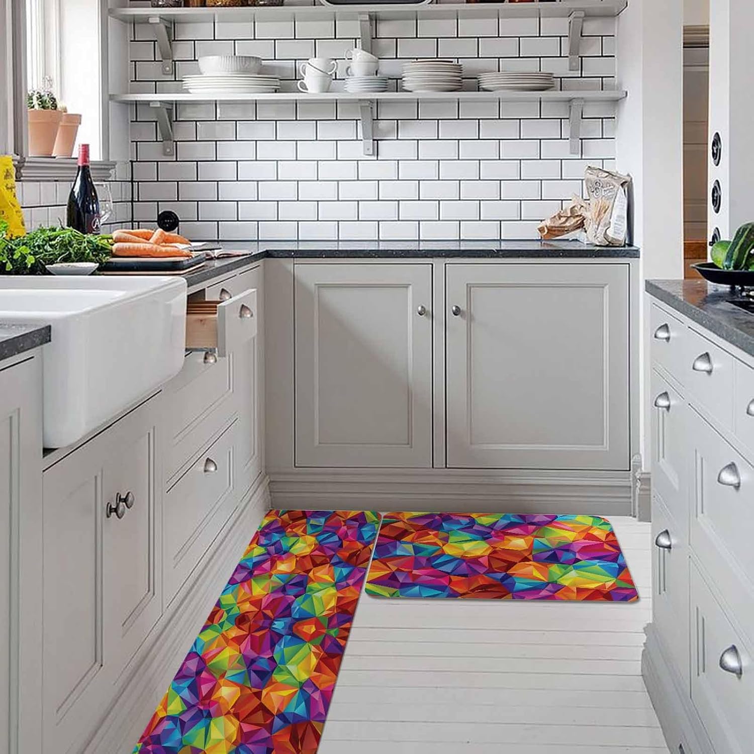 Colorful Geometric Kitchen Rugs and Mats Set of 2, Non-Slip Kitchen Sink Mat, Modern Rainbow Ombre Abstract Art Washable Doormat Bathroom Rugs Runner for Bedroom/Living Room 23.6"x35.4"+23.6"x70.9"