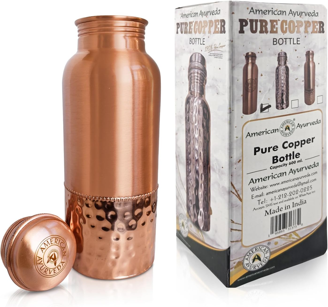 A American Ayurveda 100% Pure Copper Water Bottle 600ml 20 Oz Joint Free, Leak Proof, Tumbler, Flask, Yoga, Health Benefits, Natural Ayurvedic Alkaline Water (Copper Bottle Half Hammered 600ml)