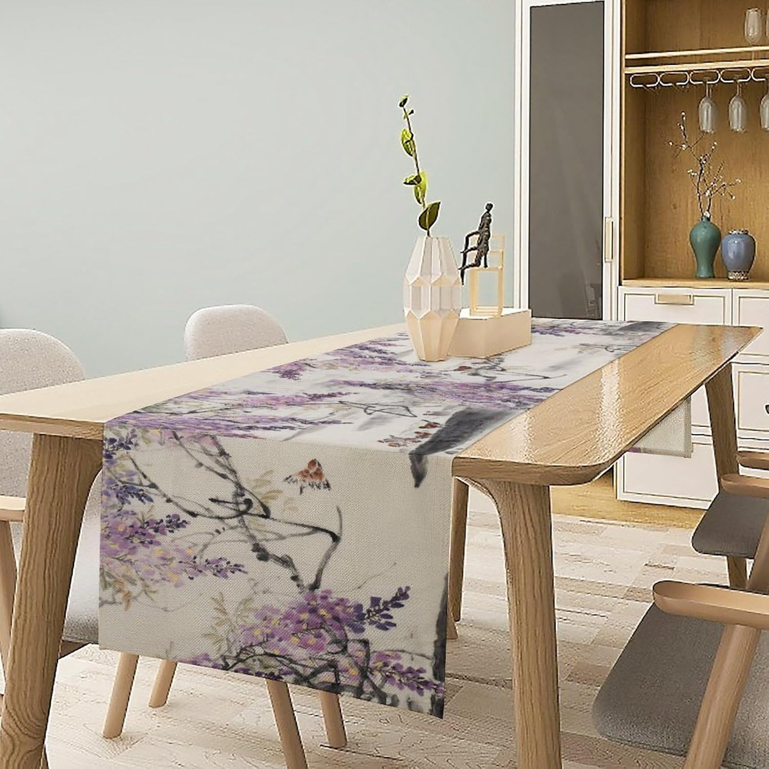 Purple Flower Bird Table Runner, Chinese Ink Painting Abstract Floral Watercolor Pattern Print Table Decor, Cotton Linen Tablerunner for Dinning Room, Kitchen, Living Room, 13x120in