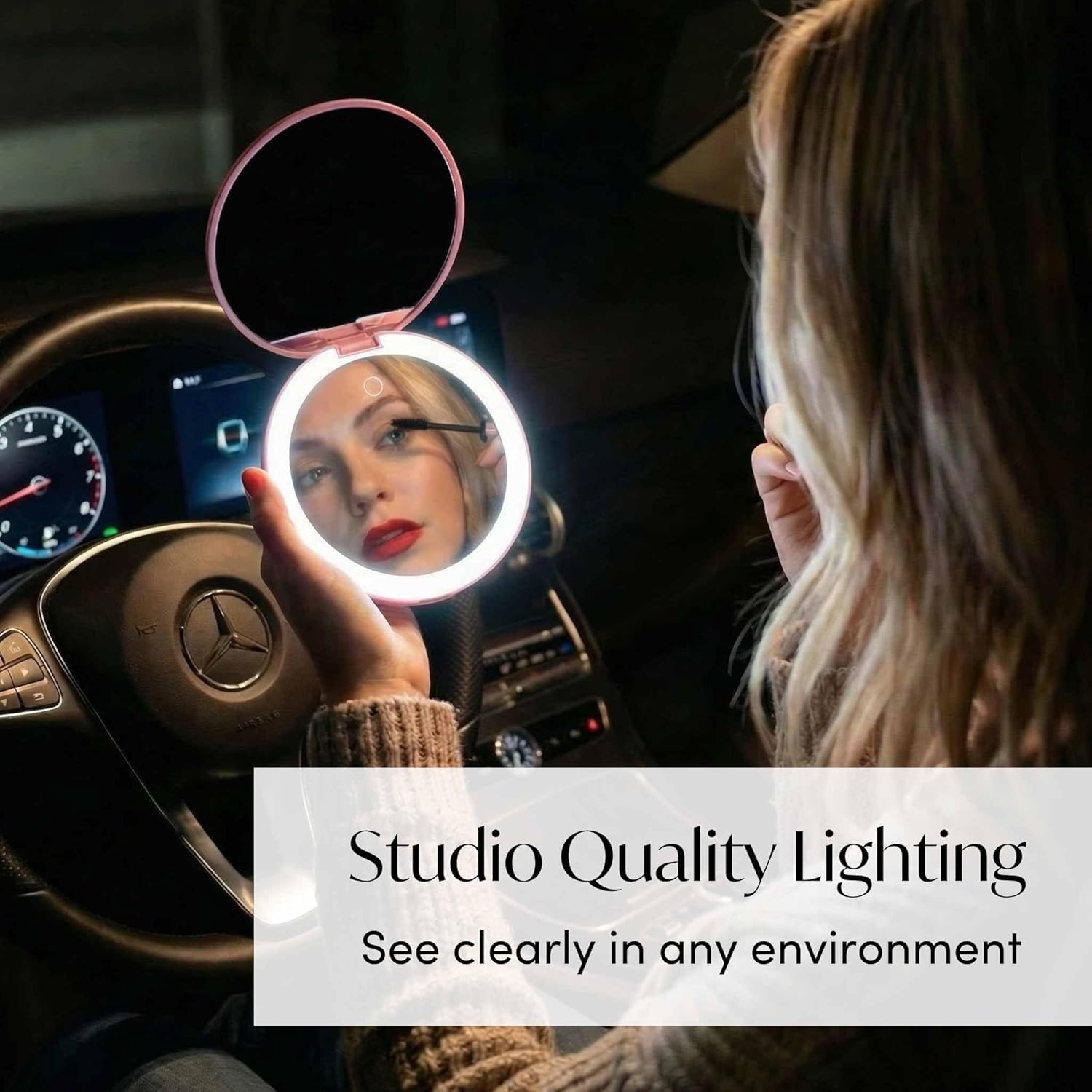 Fancii Taylor LED Lighted Travel Makeup Mirror, Rechargeable with 10x/1x Magnifying & 3 Light Settings - Compact, Portable, Large 5” Wide Hand Mirror for Handbag and Purses (Black) - Image 3