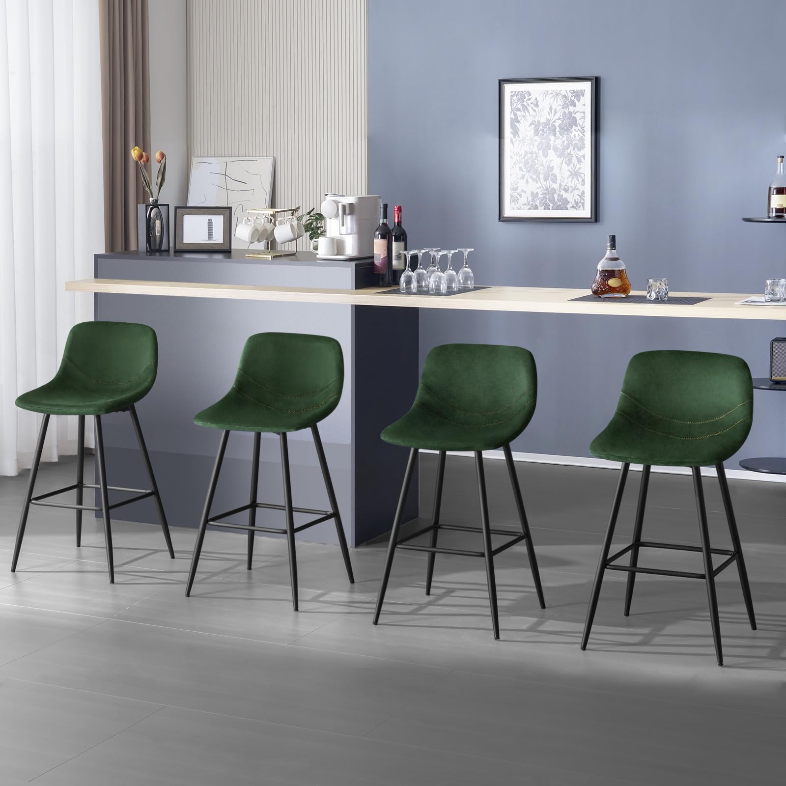 EUGAD Sgabelli Alto Set di 2, con Schienale, Velluto, Verde Scuro
